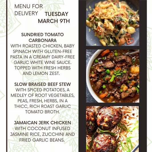 Menu for a delivery Tuesday March 8th