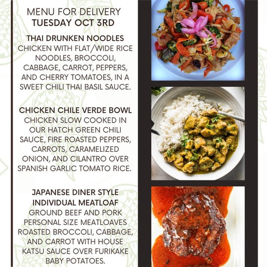 Menu for a delivery Tuesday October 3rd