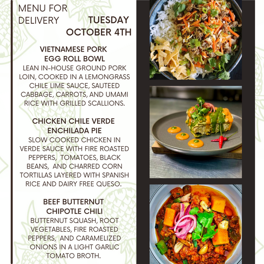 Menu for a delivery Tuesday October 4th