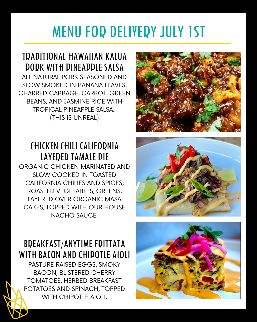 Menu for a delivery Tuesday July 1st