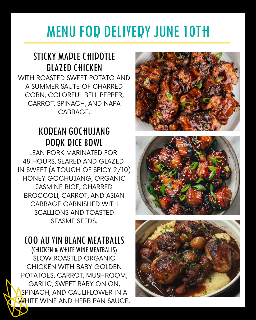 Menu for a delivery Tuesday June 10th