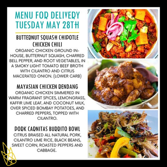 Menu for a delivery Tuesday May 28th