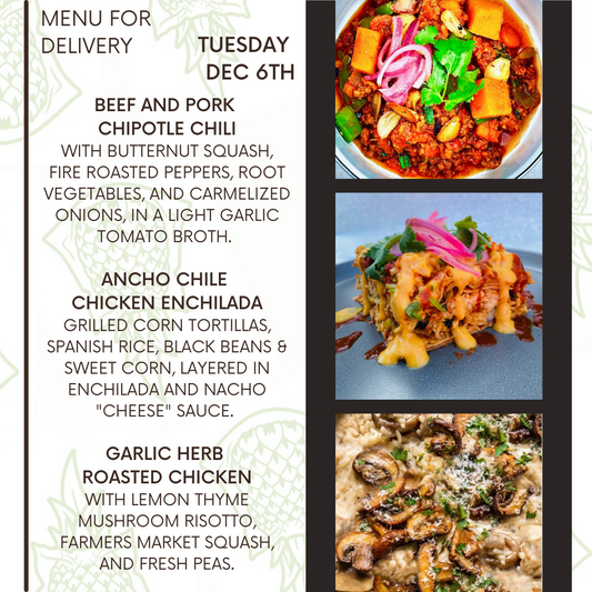Menu for a delivery Tuesday December 6th