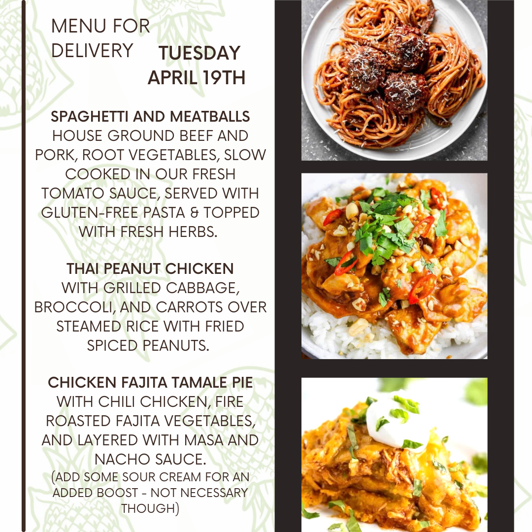 Menu for a delivery Tuesday April 19th