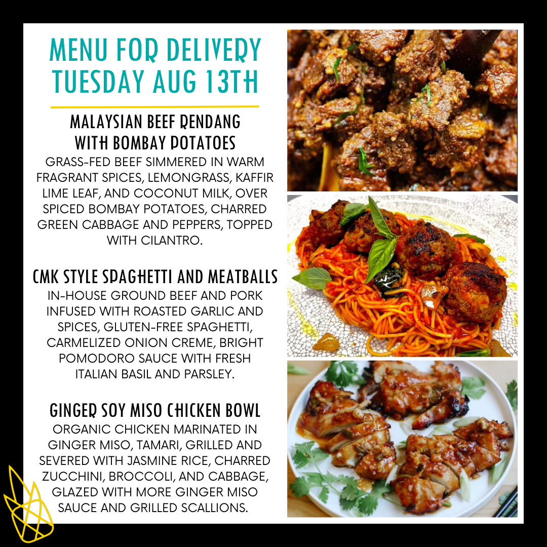 Menu for a delivery Tuesday August 13th
