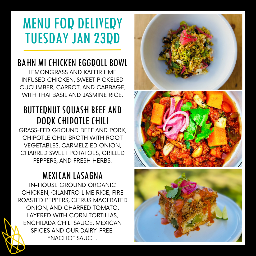 Menu for a delivery Tuesday January 23rd