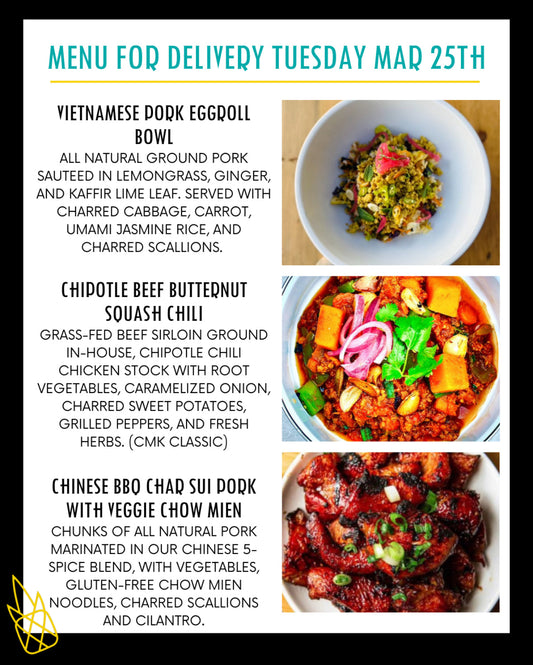 Menu for a delivery March 25th
