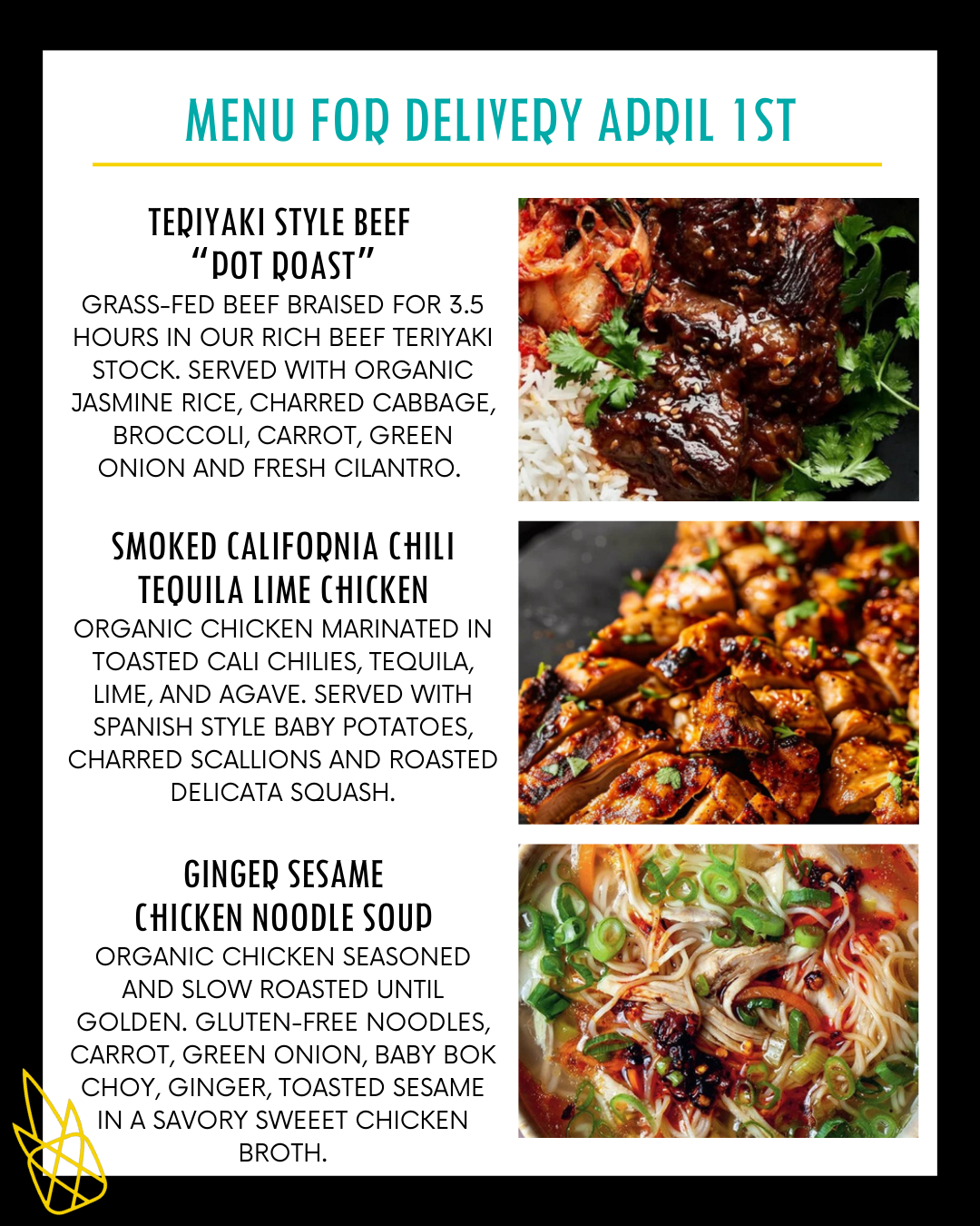 Menu for a delivery Tuesday April 1st.