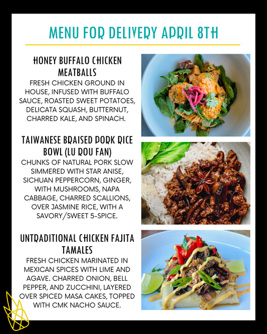 Menu for a delivery Tuesday April 8th