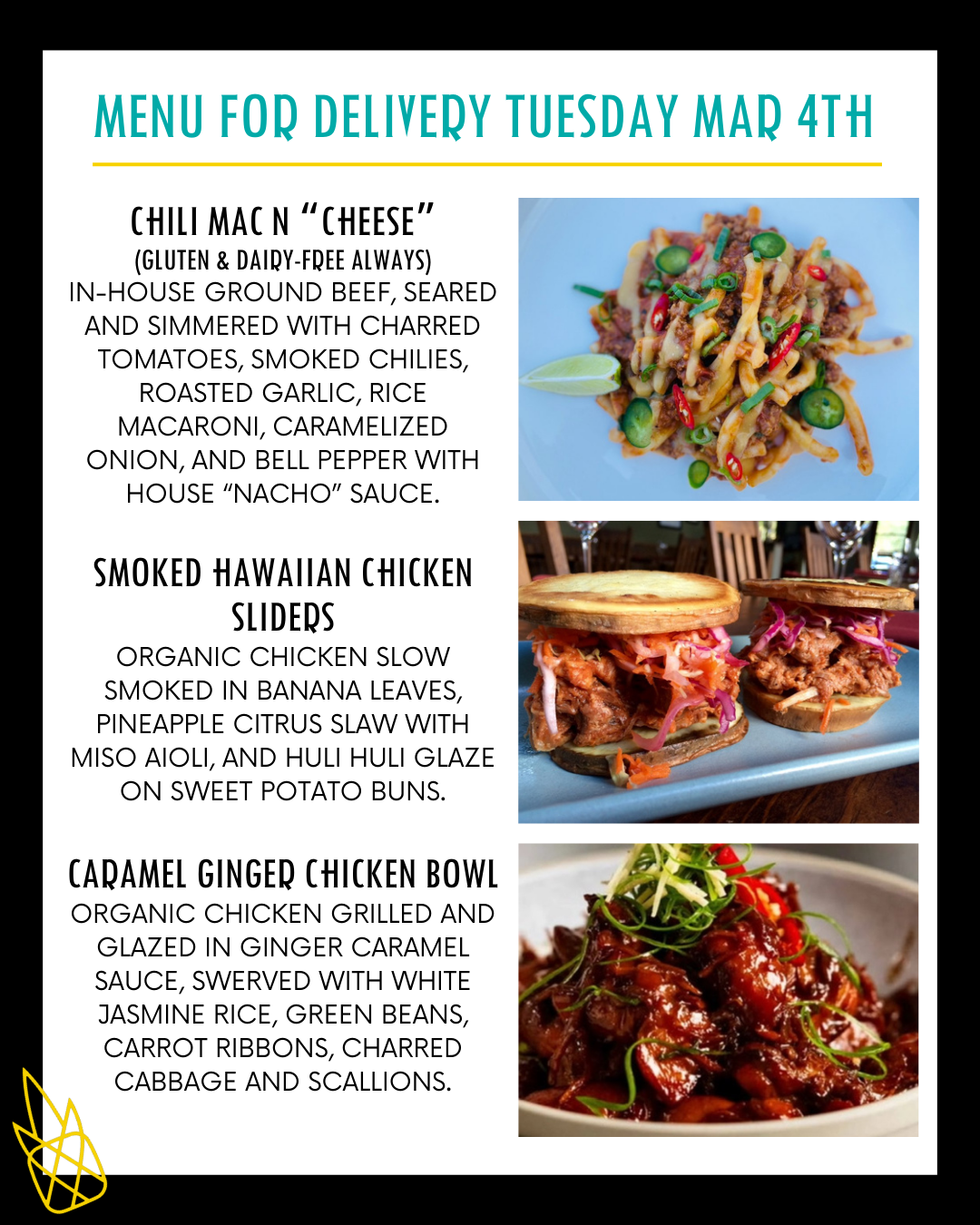 Menu for a delivery Tuesday March 4th