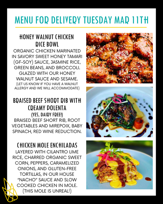 Menu for a delivery Tuesday March 11th