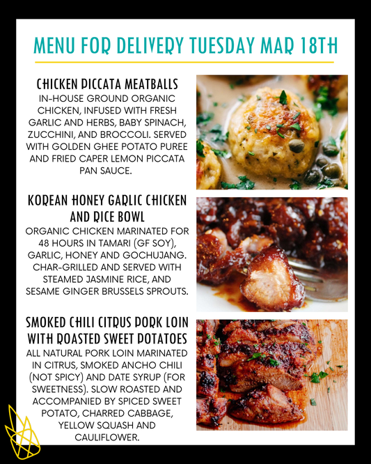 Menu for a delivery Tuesday March 18th