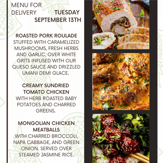 Menu for a delivery Tuesday September 13th