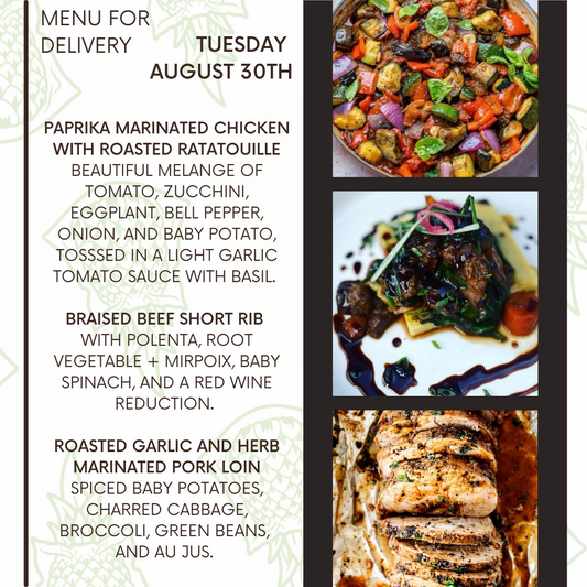 Menu for a delivery Tuesday August 30th