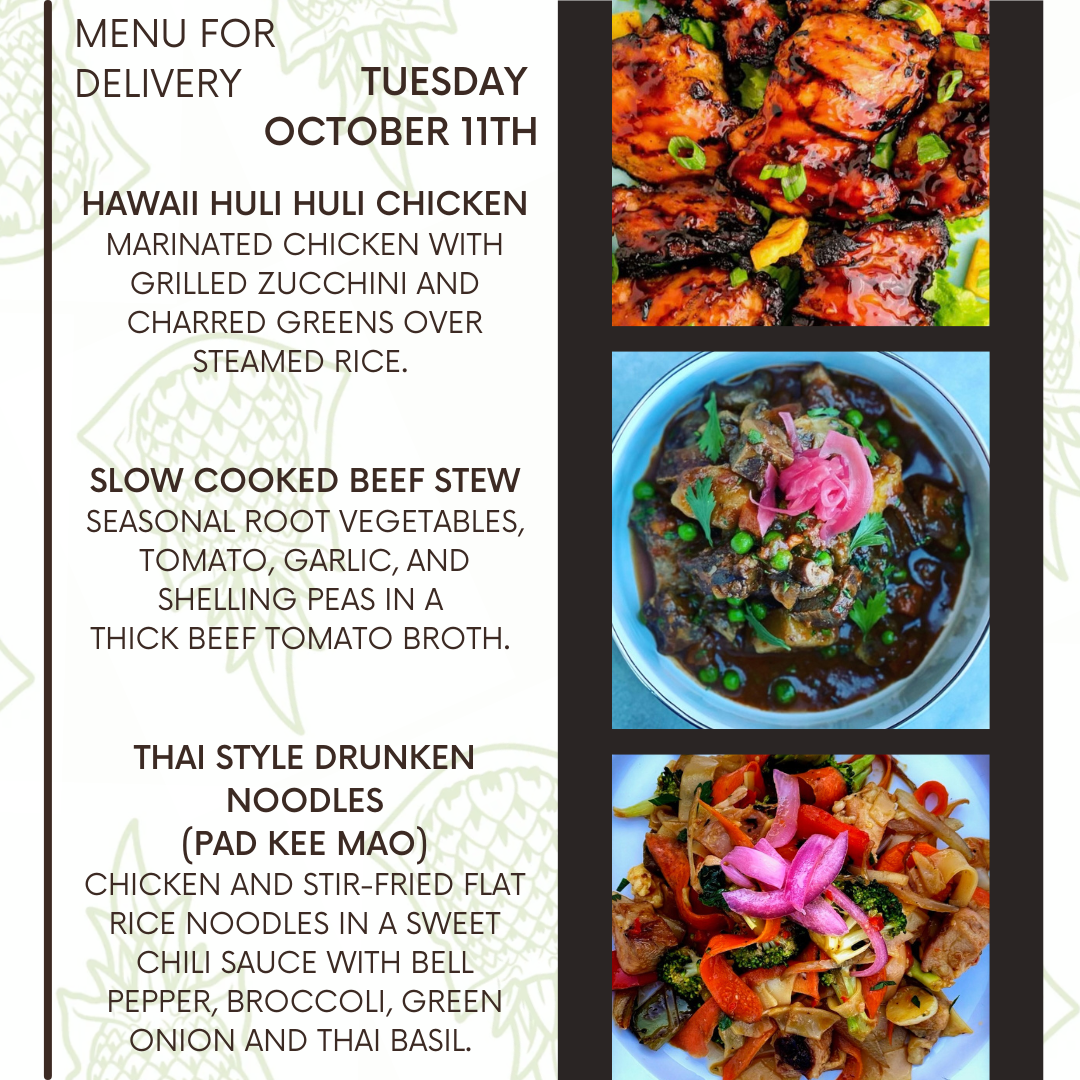 Menu for a delivery Tuesday October 11th
