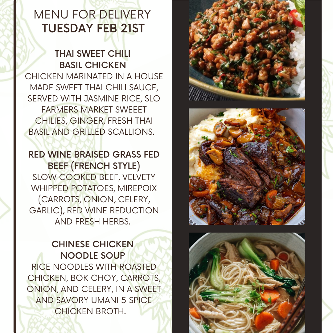 Menu for a delivery Tuesday February 21st