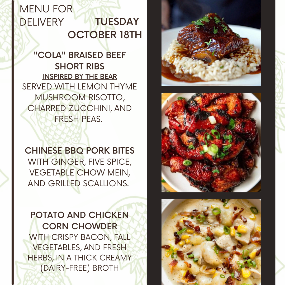 Menu for a delivery Tuesday October 18th