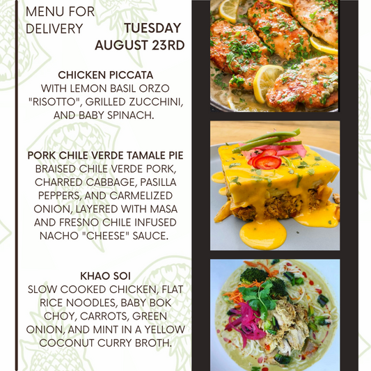 Menu for a delivery Tuesday August 23rd