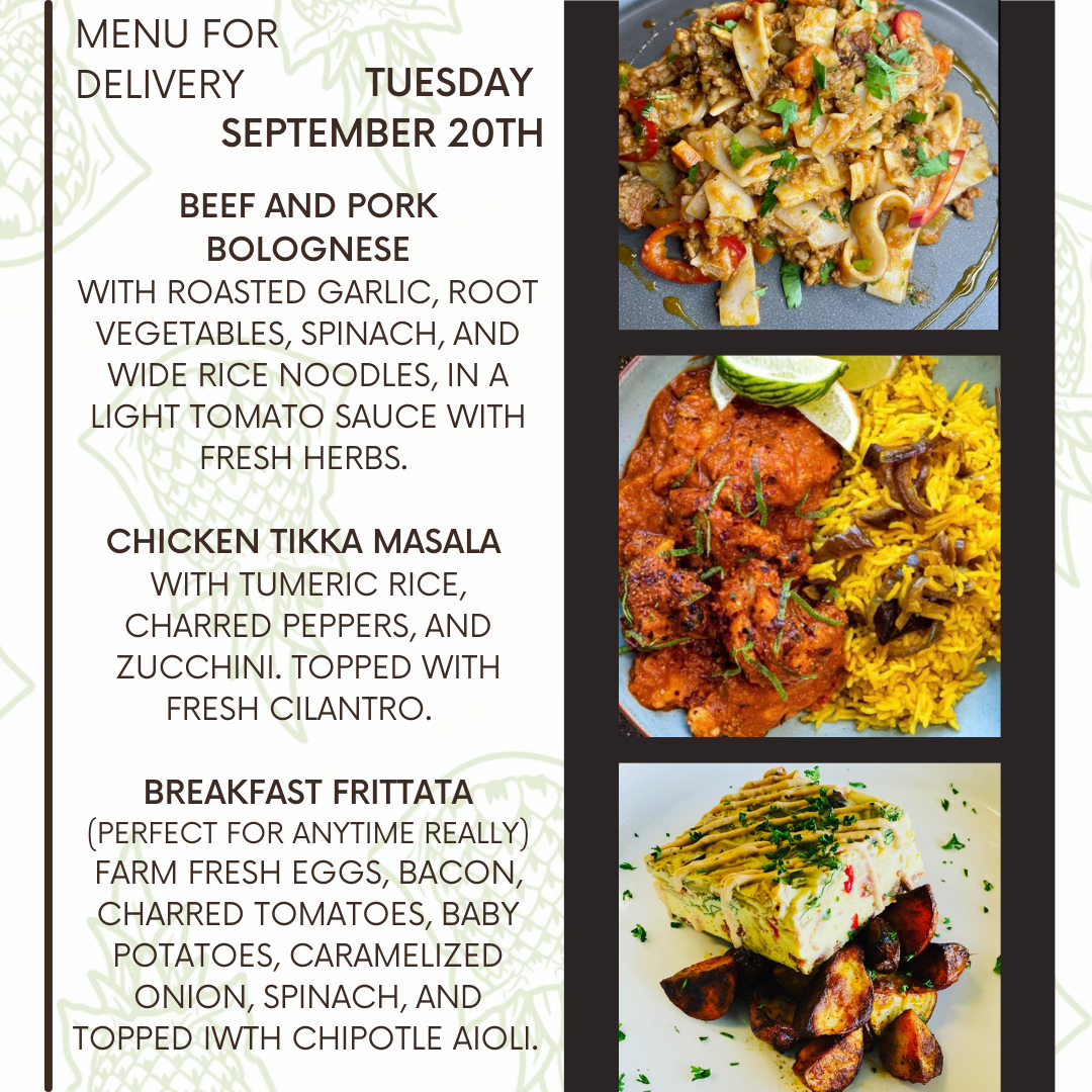 Menu for a delivery Tuesdays September 20th