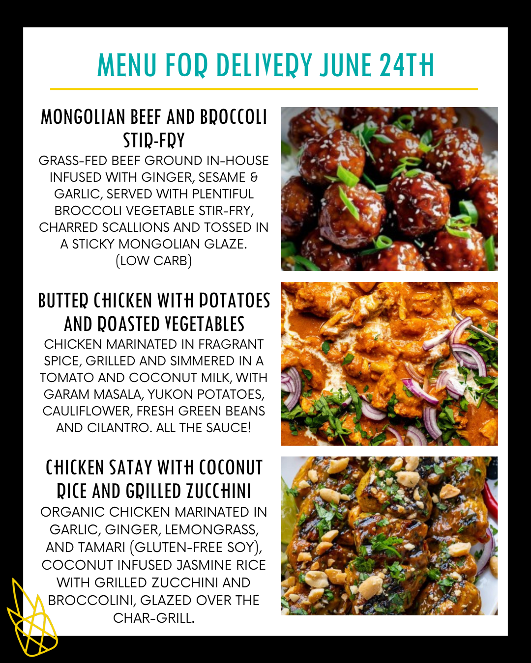 Menu for a delivery Tuesday June 24th