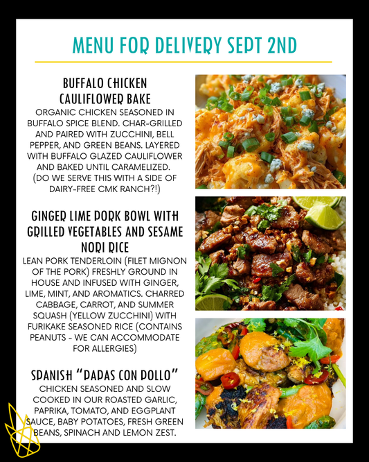 Menu for a delivery Tuesday September 2nd