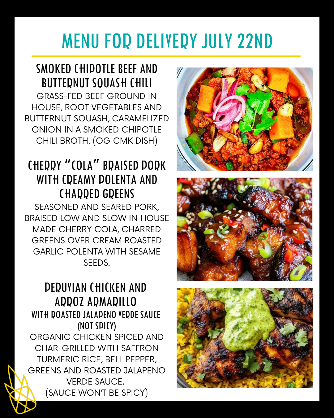 Menu for a delivery Tuesday July 22nd