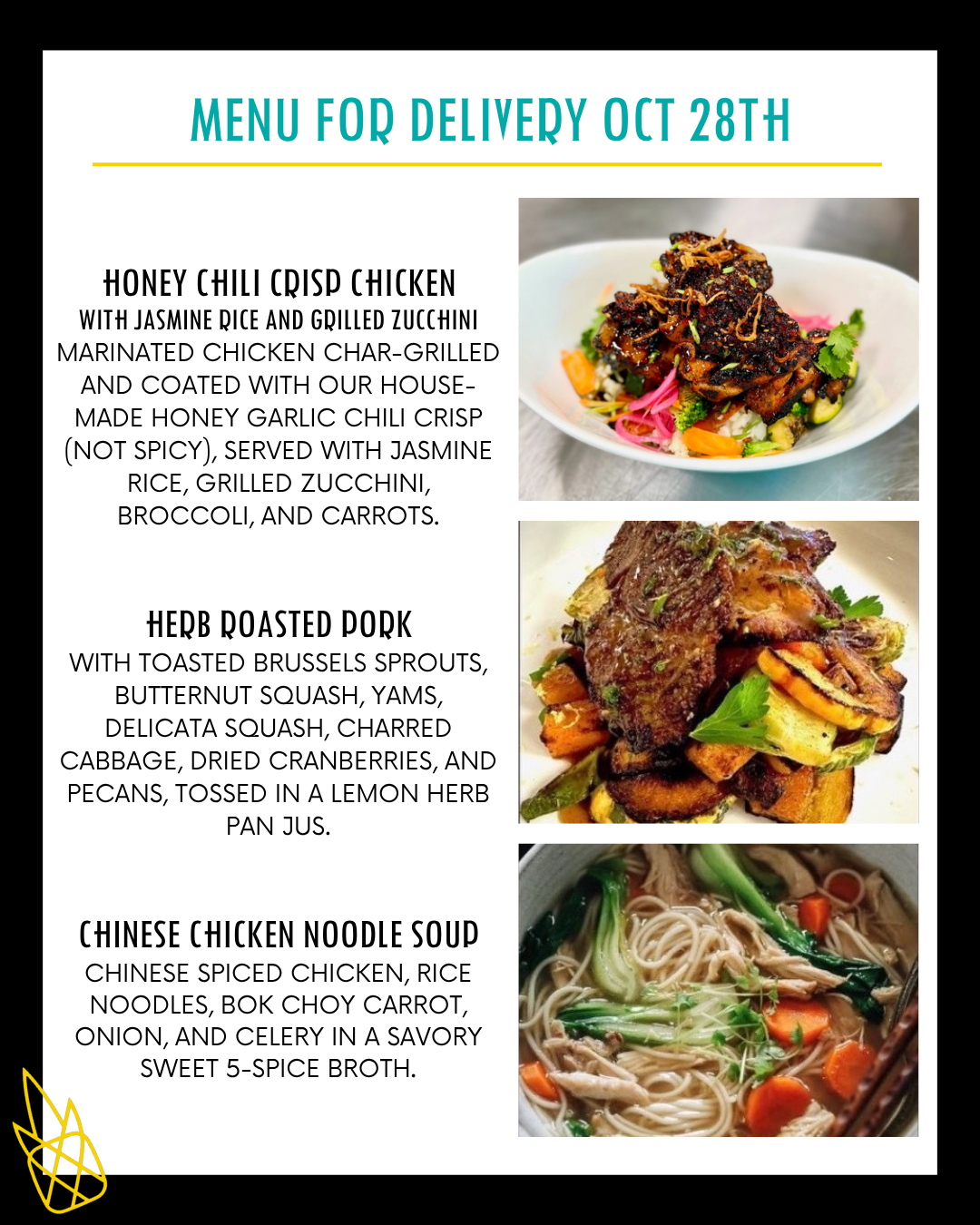 Menu for a delivery Tuesday October 28th