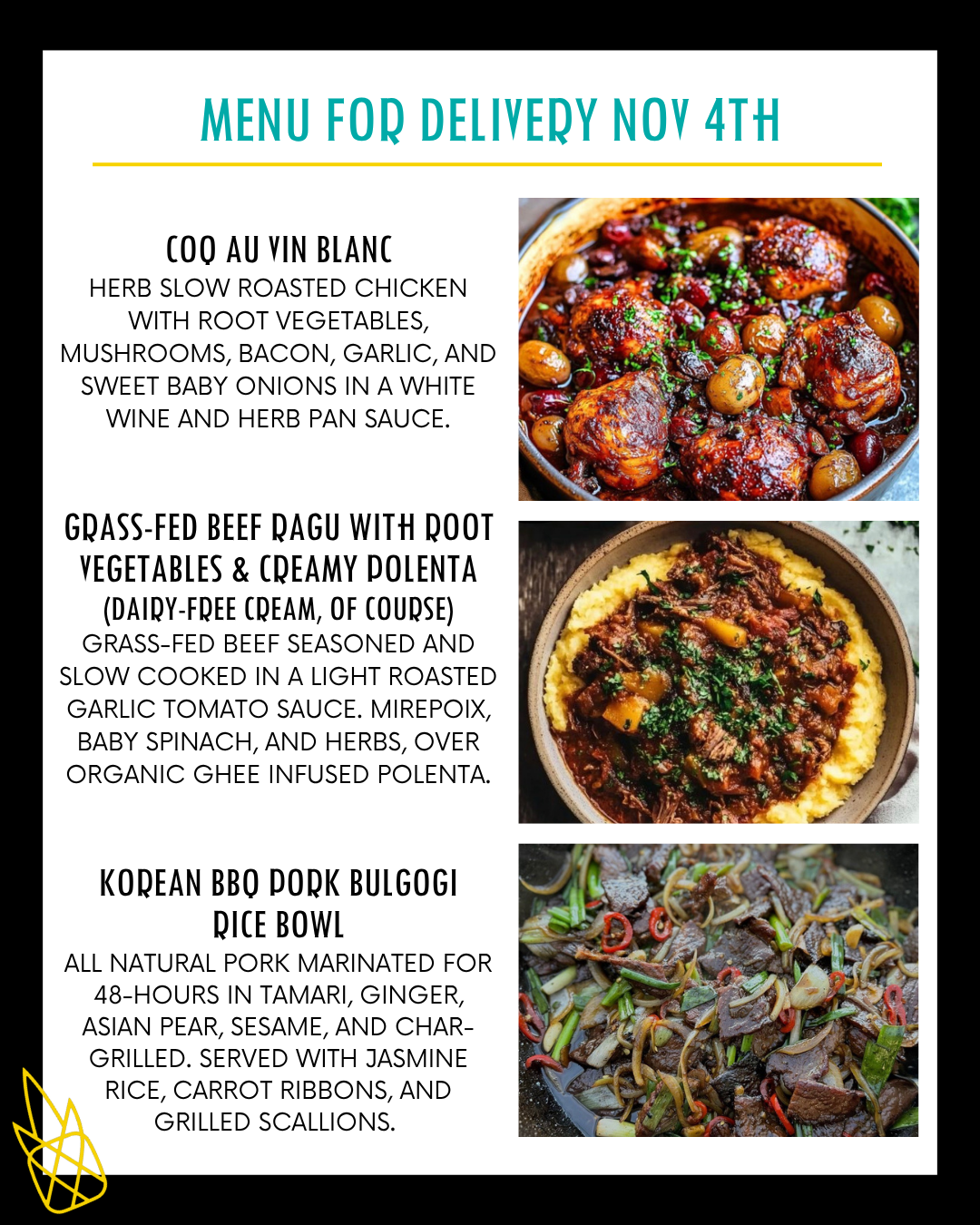 Menu for a delivery November 4th – Clean Machine Kitchen