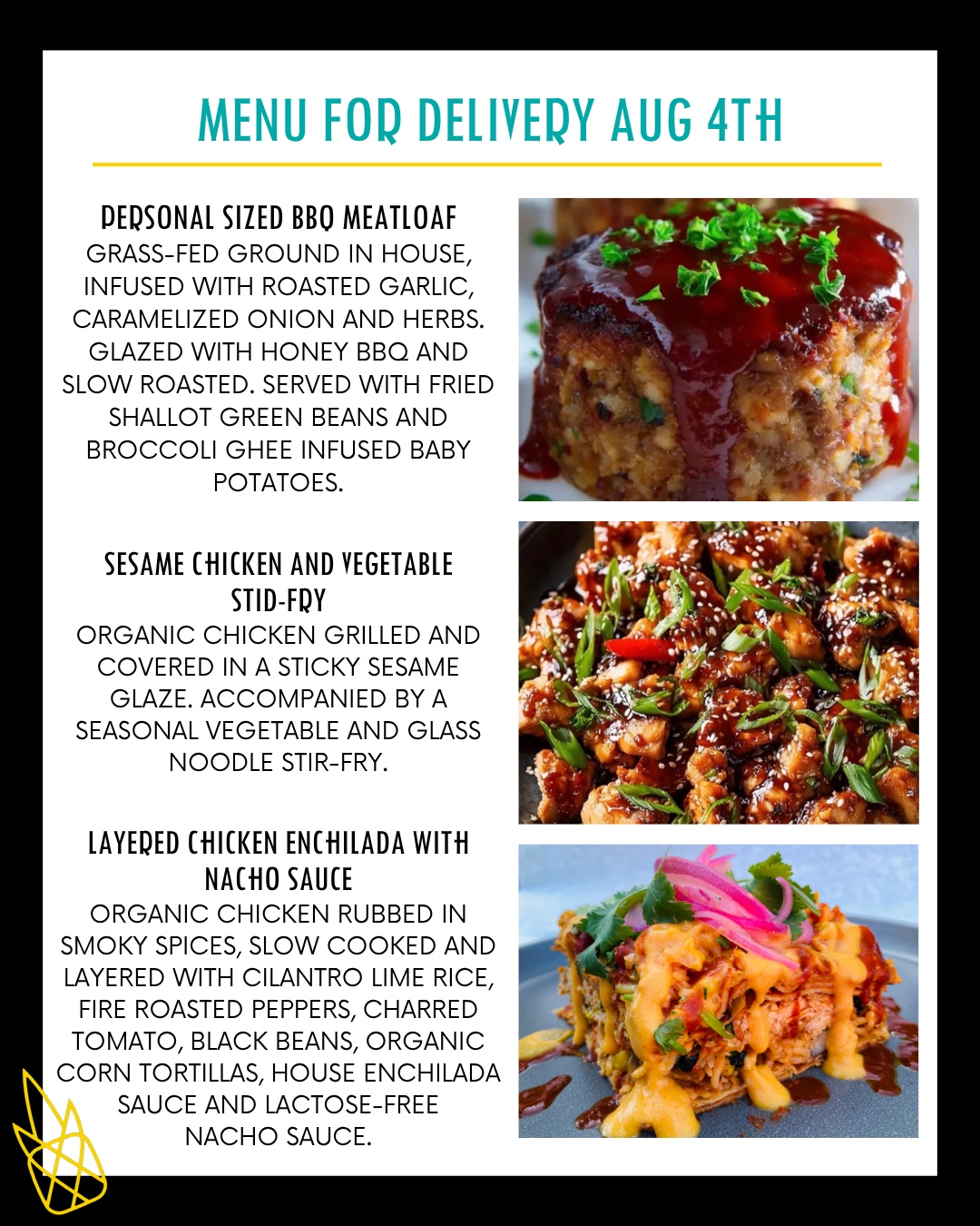 Menu for a delivery Tuesday August 4th