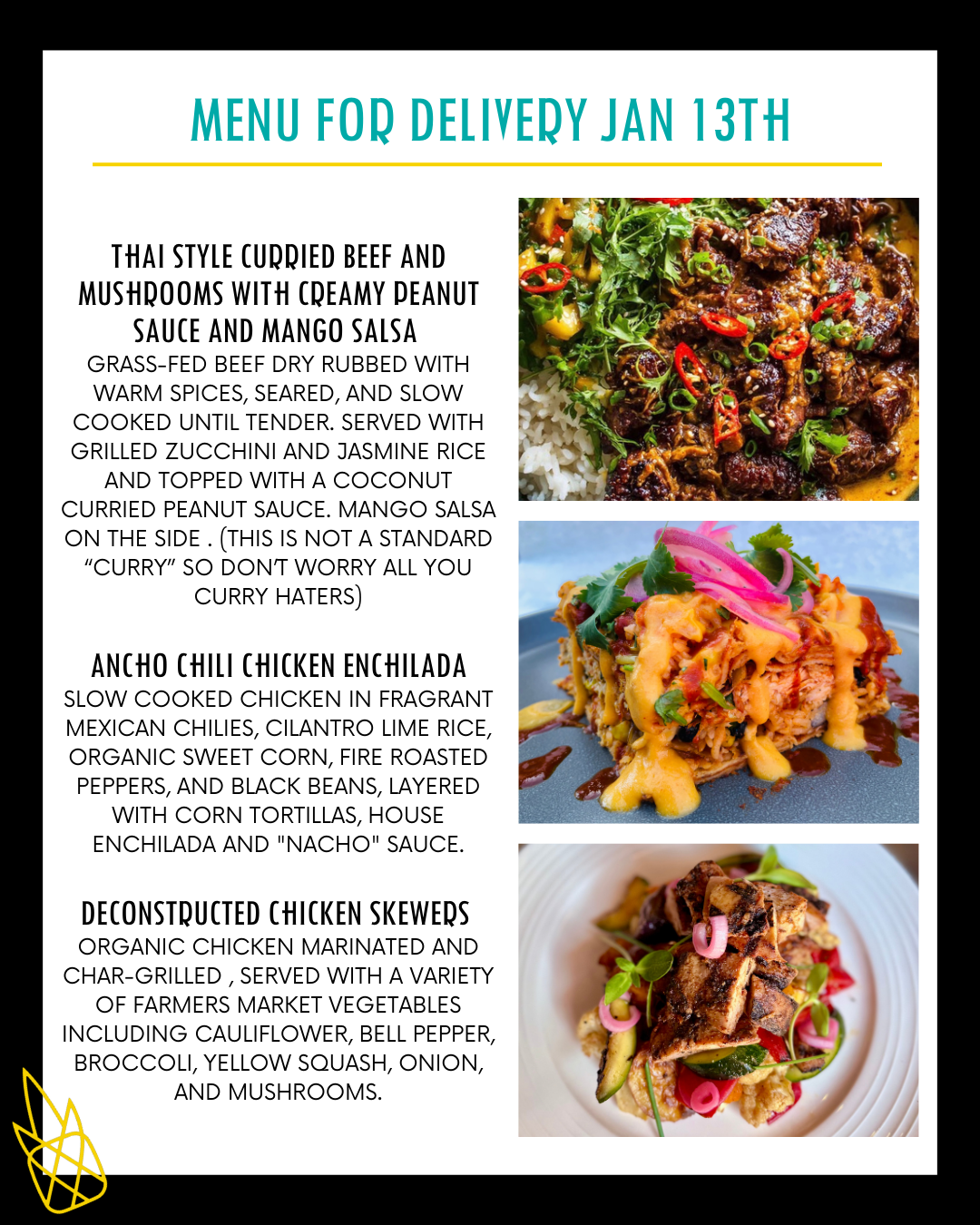 Menu for a delivery Tuesday January 13th