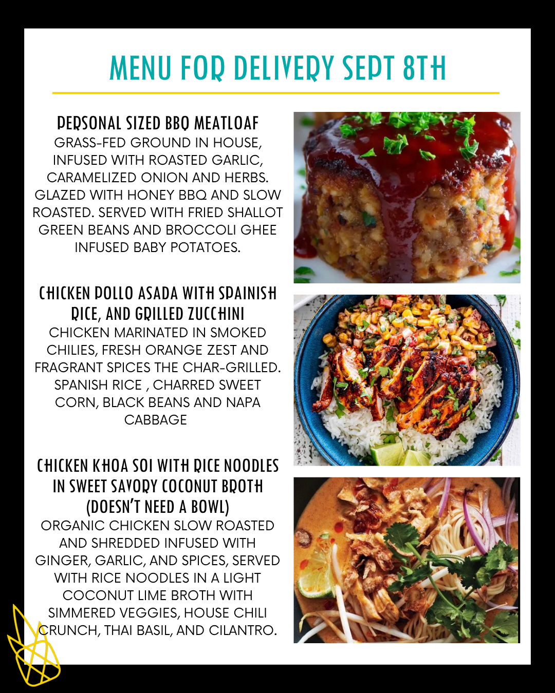 Menu for a delivery Tuesday September 8th