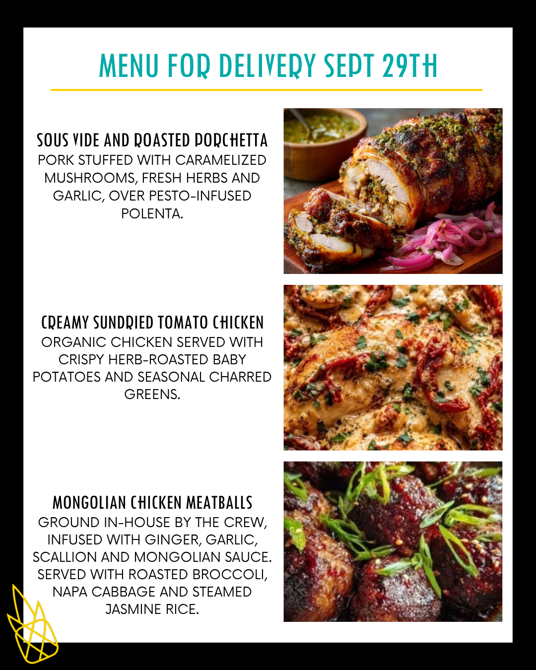 Menu for a delivery Tuesday September 29th