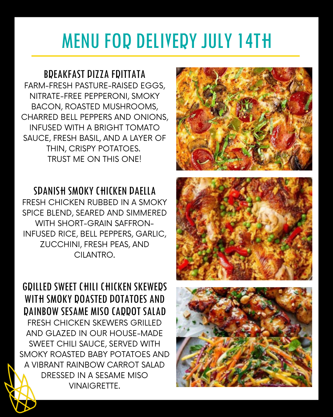 Menu for a delivery Tuesday July 14th