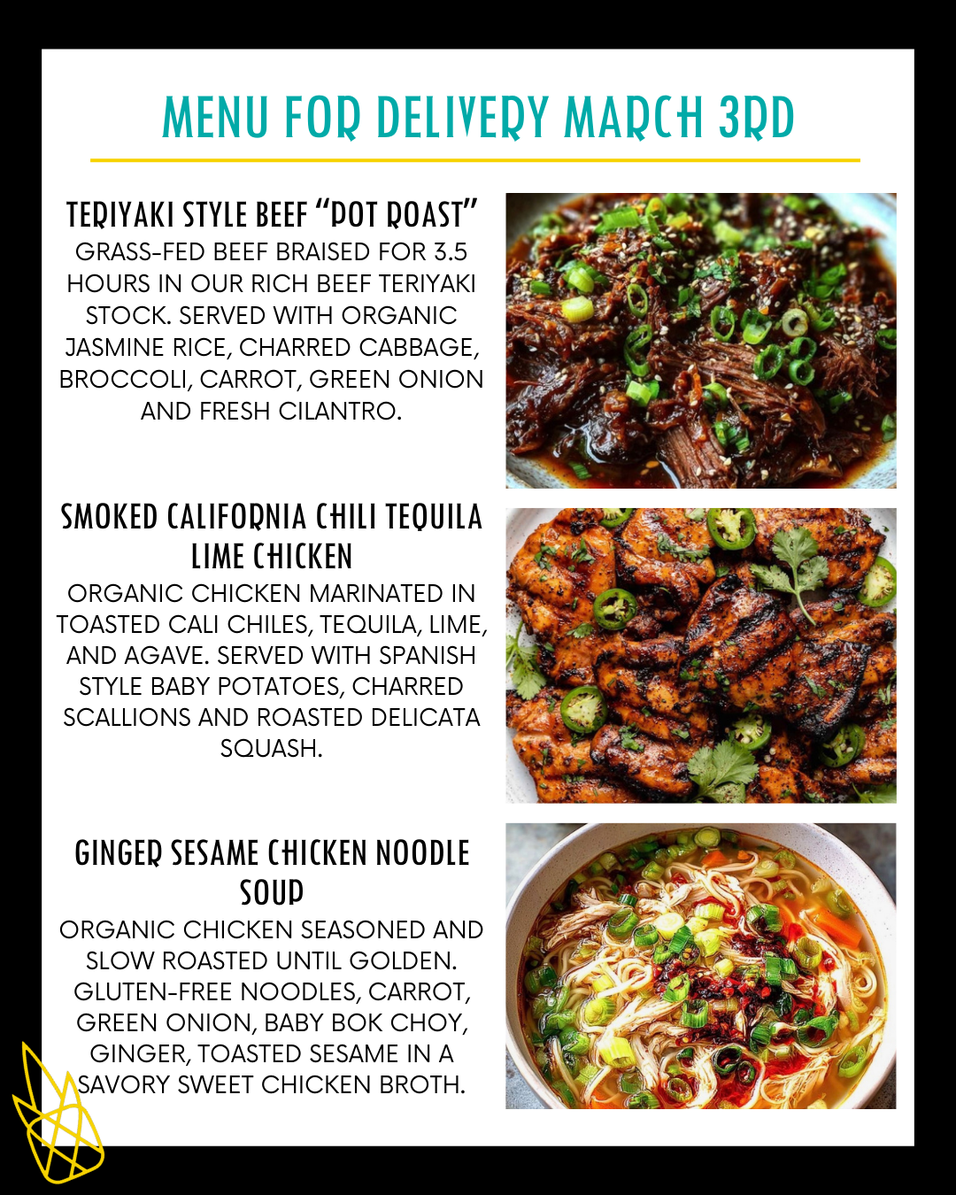 Menu for a delivery Tuesday march 3rd