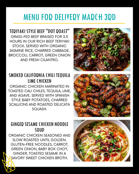 Menu for a delivery Tuesday march 3rd