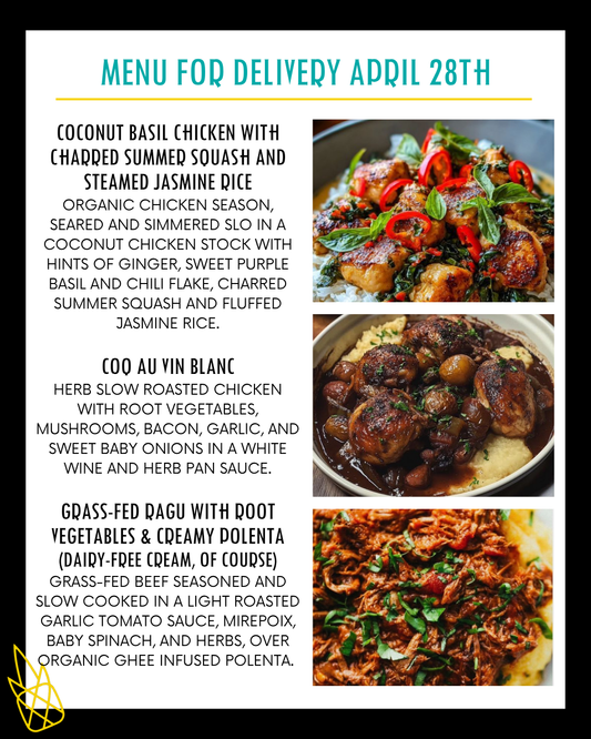 Menu for a delivery Tuesday April 28th