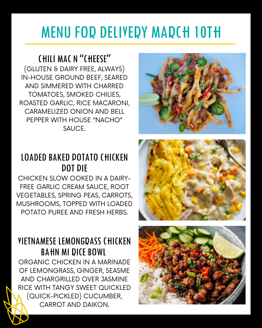 Menu for a delivery Tuesday March 10th