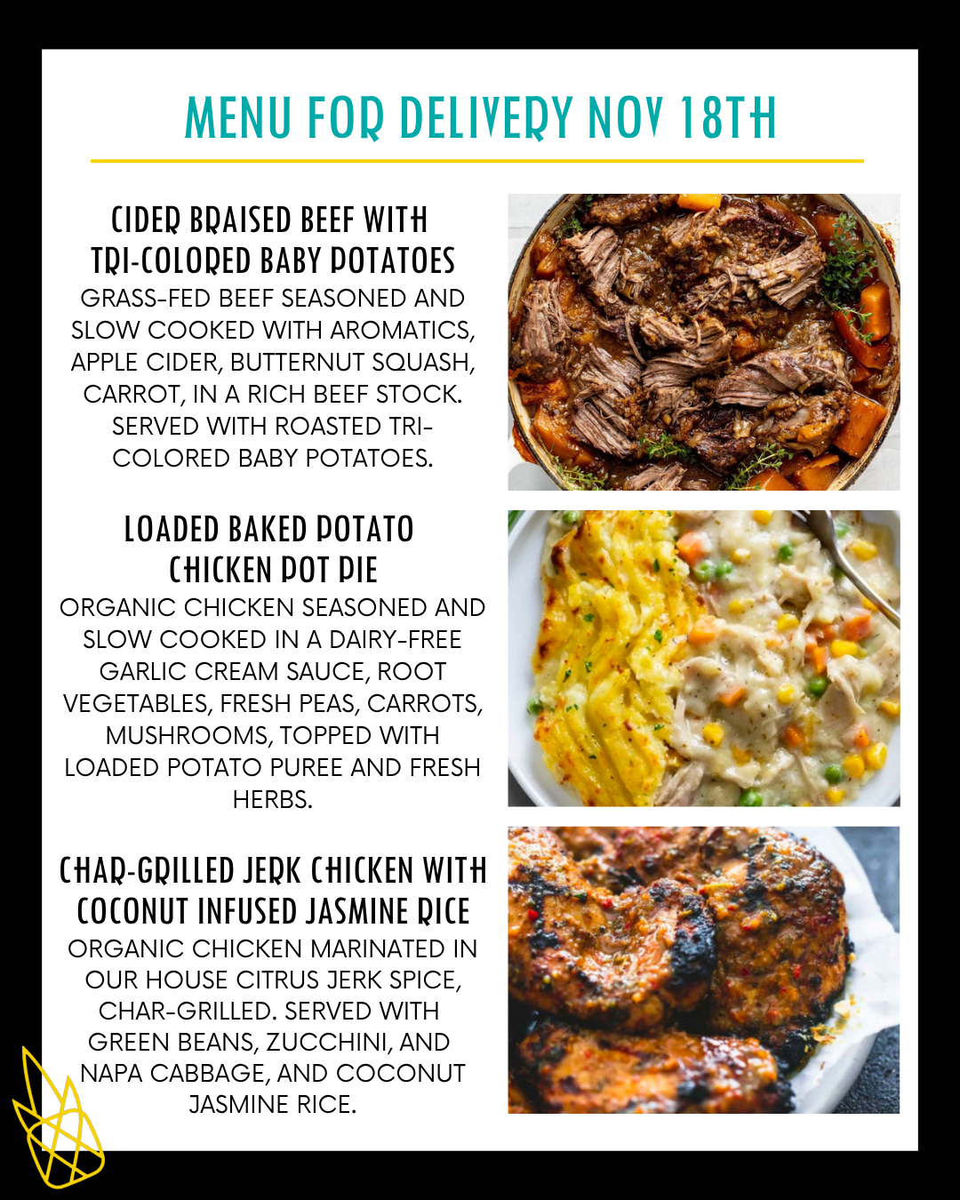Menu for a delivery Tuesday November 18th