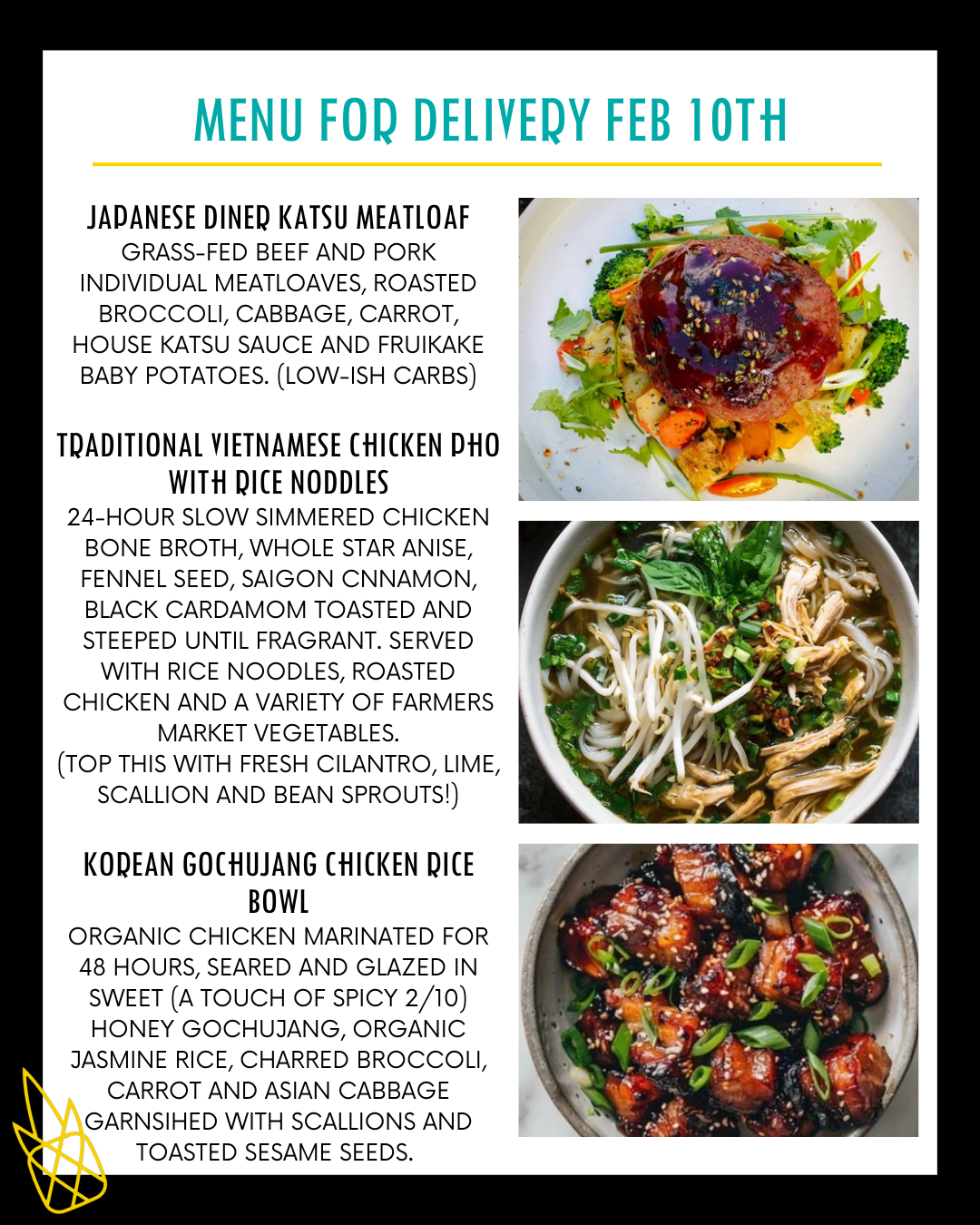 Menu for a delivery Tuesday February 10th
