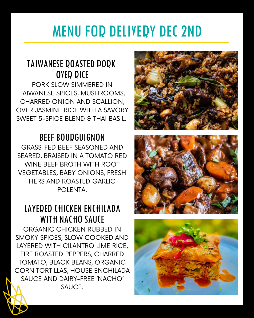 Menu for a delivery Tuesday December 2nd