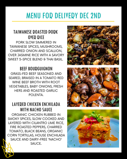 Menu for a delivery Tuesday December 2nd