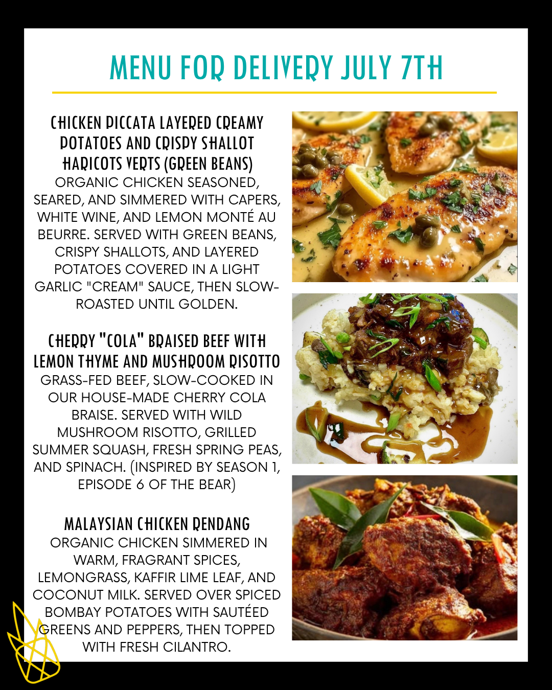 Menu for a delivery Tuesday July 7th