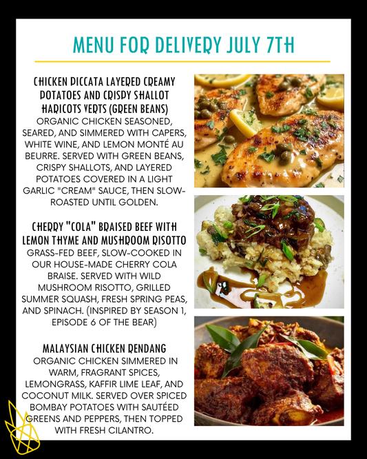 Menu for a delivery Tuesday July 7th