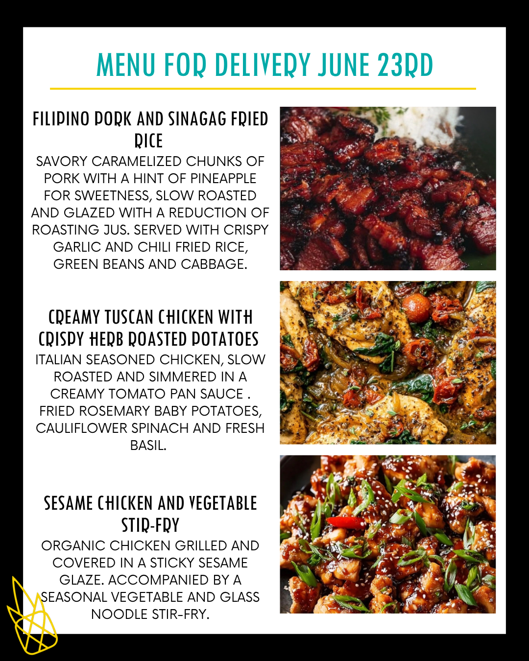 Menu for a delivery Tuesday June 23rd