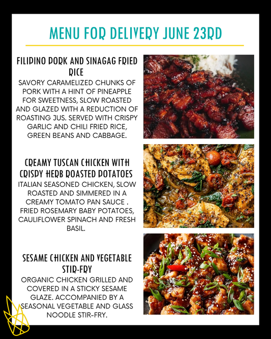 Menu for a delivery Tuesday June 23rd