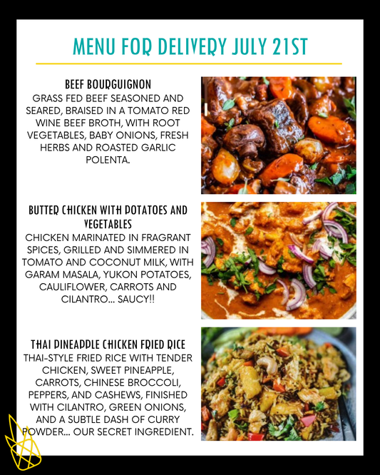 Menu for a delivery Tuesday July 21st