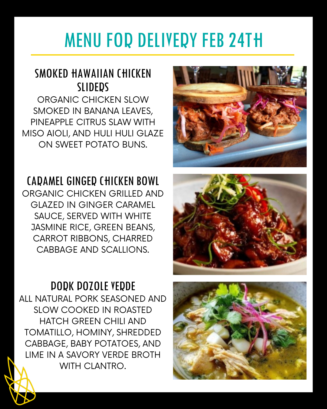 Menu for a delivery Tuesday February 24th