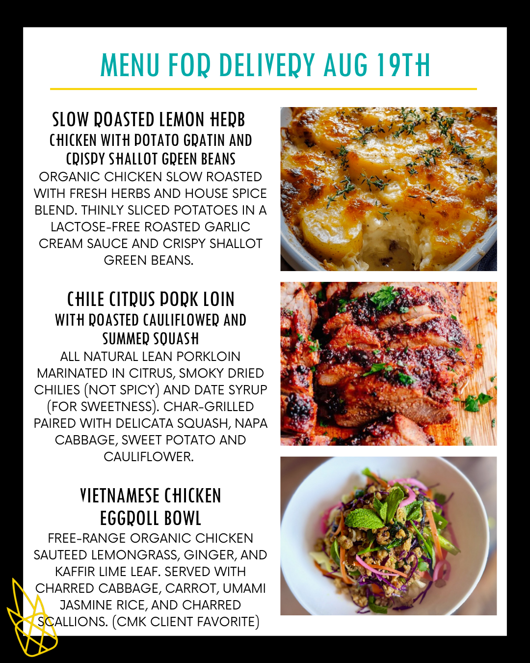 Menu for a delivery Tuesday August 19th