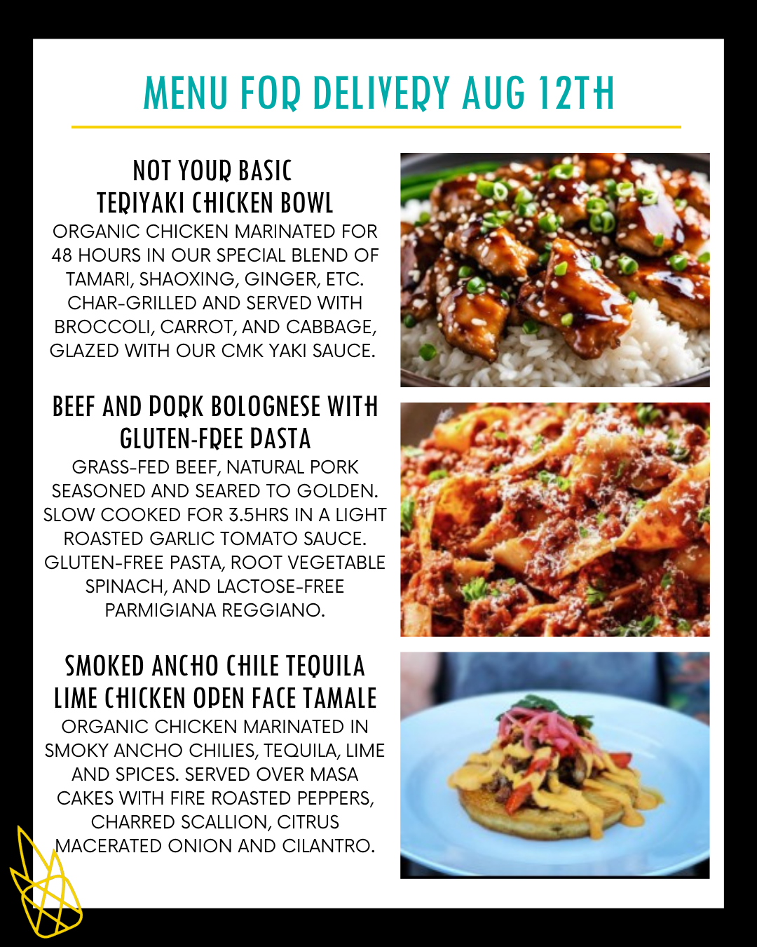Menu for a delivery Tuesday August 12th
