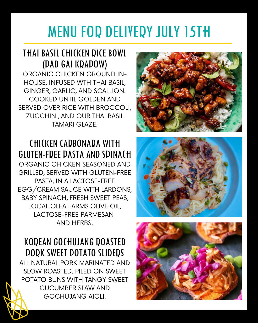 Menu for a delivery Tuesday July 15th
